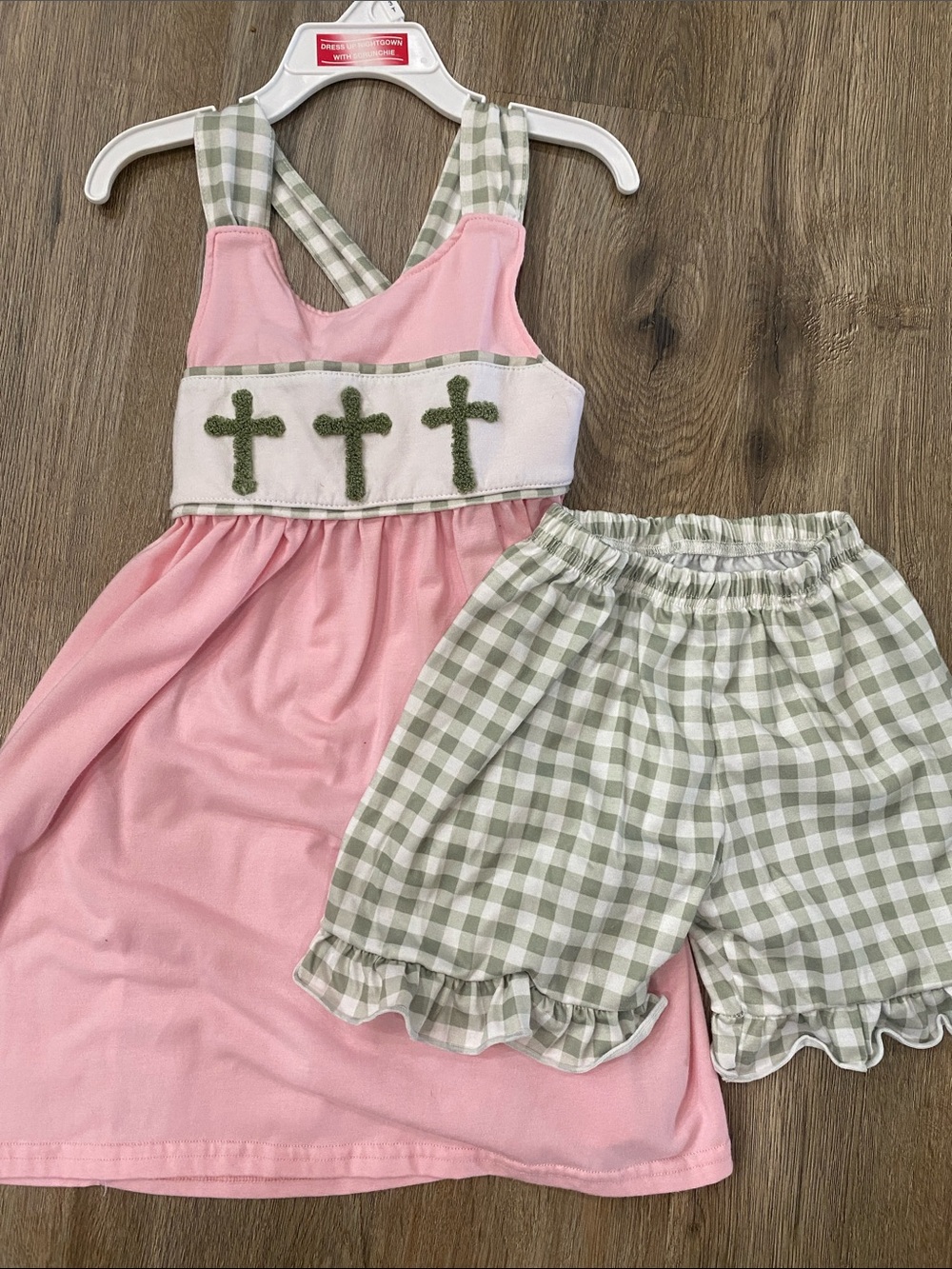 Pink & Sage Girls Matching Set with Cross Embroidery